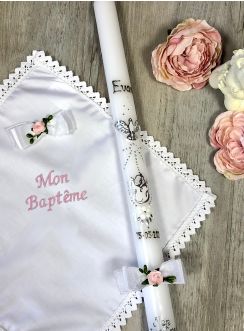 Coffret baptême Bougie Colombe et bébé + Mouchoir 