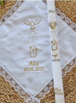 Coffret cadeau Baptême bougie + mouchoir bébé et Colombe Personnalisable