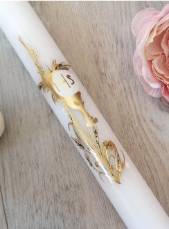 Bougie communion Croix et Hostie or