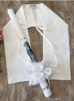 Coffret bapteme : étole + noeud dentelle avec bougie - la Vierge Marie