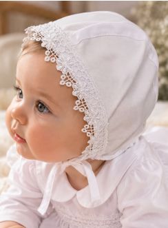 Béguin traditionnel de baptême bébé blanc Augustine en dentelle