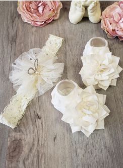 Chaussons / chaussettes + bandeau baptême shooting photo bébé fille avec fleurs