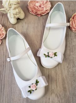Chaussures ballerines lanière cérémonie fille noeud et fleur