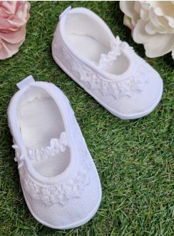 Chaussons de baptême bébé fille en lin blanc