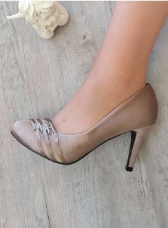 Chaussures de soirée femme satin barette strass marron