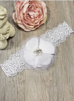 Bandeau bébé en dentelle avec large fleur et strass.