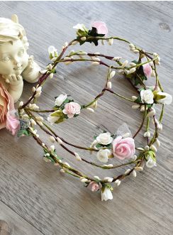couronne de communion fleurs roses et blanches