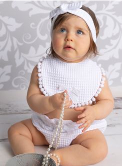 culotte + bavoir + bandeau cadeau naissance blanc
