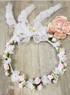 Couronne fleurs blanches et roses avec feuillage