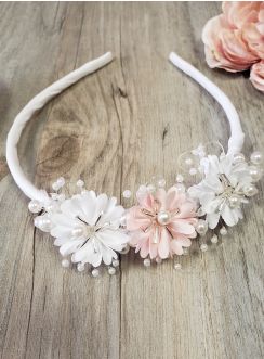 Serre tête coiffure cérémonie enfant avec fleurs rose et blanches