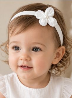 Bandeau de baptême bébé fille blanc avec fleur en tissu et perle