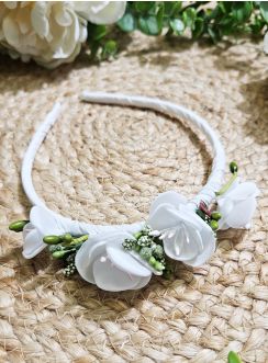 Serre-tête de fleurs blanches et feuillage 