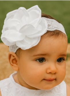 Bandeau bébé baptême dentelle et fleur blanche – Élégance et confort