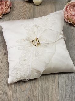 Coussin porte alliance dentelle et organza ivoire écru