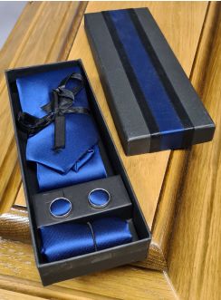 Cravate homme Deuil + boutons de manchettes + pochette satin bleu royal