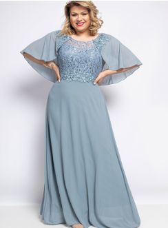 Robe cérémonie mariage pour femme ronde avec cape gris