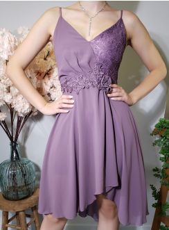 Robe de soirée courte mousseline et dentelle mauve violet mariage