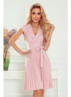 Robe cérémonie femme ceinturée et plissée rose poudre