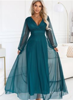 Robe de soirée longue Nerissa verte à manches en voile