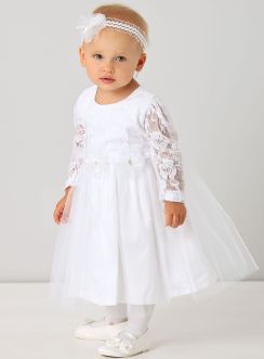 Robe baptême bébé fille manches longues dentelles blanche