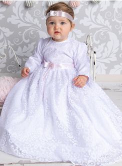 Robe baptême longue manches longues + bandeau satin