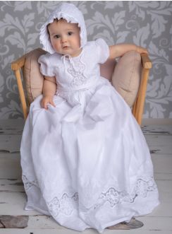 Robe baptême longue coton brodé + béguin bébé fill