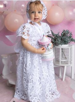 Robe baptême blanche longue dentelle vintage avec bonnet