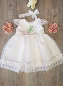 Robe Baptême chrétienne bébé fille "Croix Fleurie"