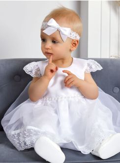 Robe baptême blanche petites manches dentelle et bandeau Maà«lle