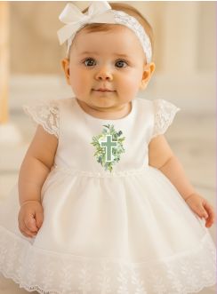 Robe Baptême chrétienne bébé fille "Croix Fleurie"