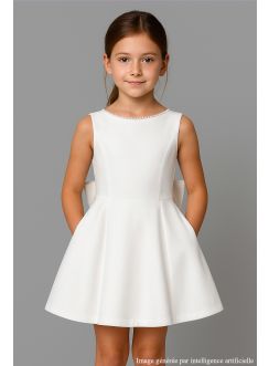 Robe courte de cérémonie fille ivoire avec perles et nœud au dos