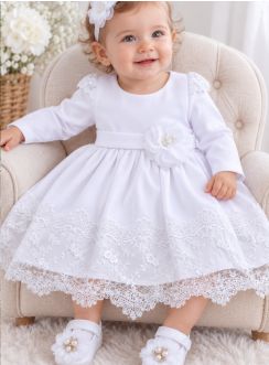 Robe baptême bébé fille manches longues blanche dentelle
