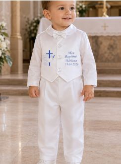 Tenue de baptême bébé garçon satin blanc