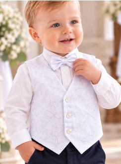 Gilet baptême bébé garçon blanc à motifs volutes