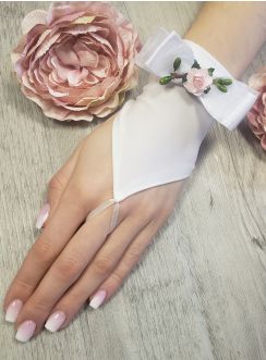 Mitaines cérémonie fille avec noeud et fleurs rose