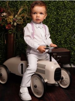Tenue blanche bébé petit garçon avec bretelles carreaux