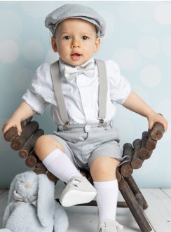 Tenue bébé garçon bermuda et bretelles Pierre gris