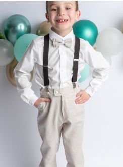 Costume garçon lin beige bretelles et noeud papillon Pierre