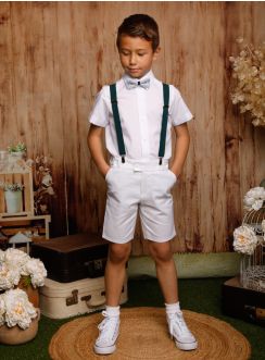 Tenue mariage garçon bermuda blanc et noeud touche de vert
