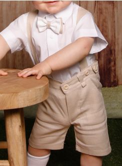 Salopette courte short + bretelles en lin bébé garçon pour cérémonie mariage ou baptême