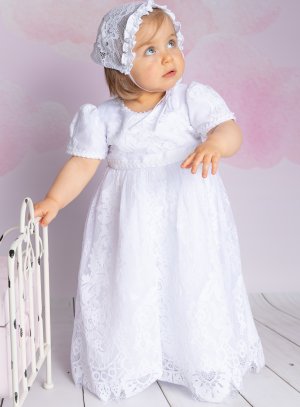 robe baptême dentelle longue blanche avec béguin style rétro vintage