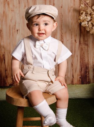Tenue lin beige bébé petit garcon pour cérémonie mariage ou baptême champêtre été